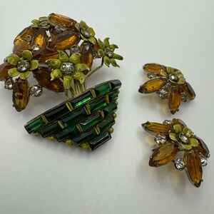 Sandor Sterling Flower Basket Set Brooch Earrings